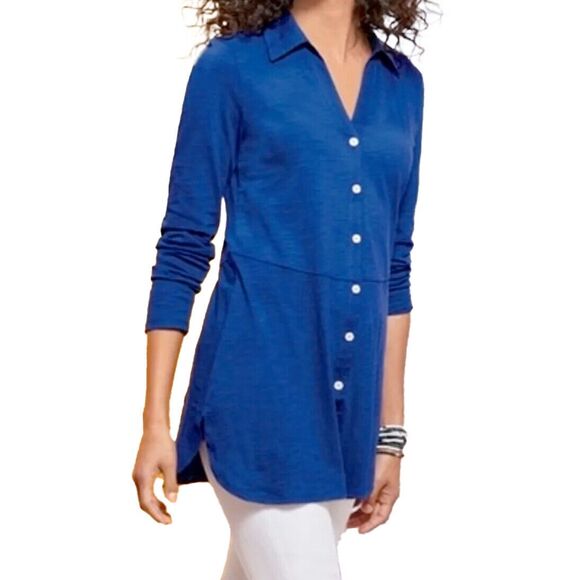 Soft Surroundings Pamplona Button-up Tunic Top Size S Lagoon Blue Cotton L/S - Picture 1 of 7